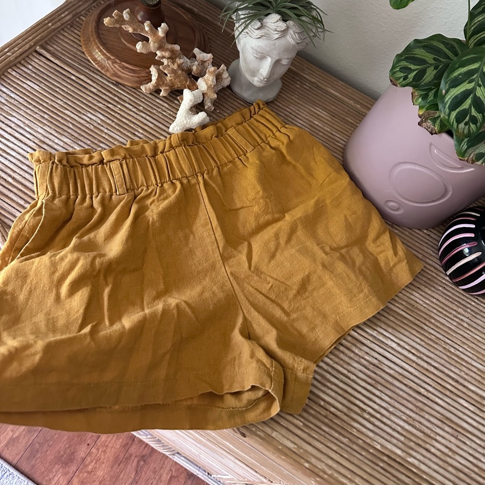 Linen Blend Paper Bag Mustard Shorts